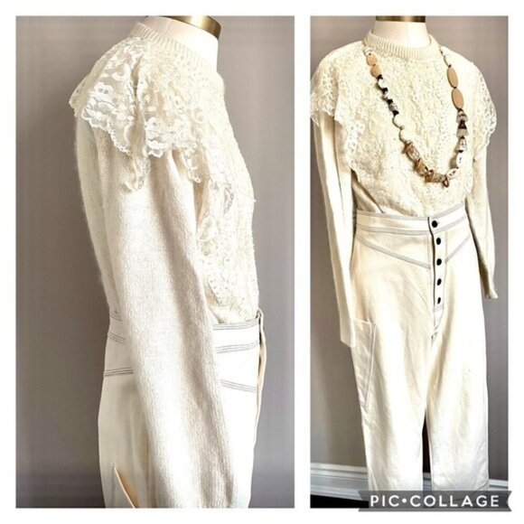 Vintage 80s Ivory Silk Angora Lace Pearl Bib Victorian Sweater - Small - Picture 7 of 9